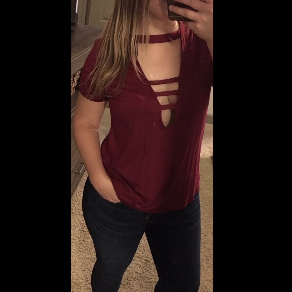 Deep V Neck T Shirt Red Low Cut T Shirt - Picture 2 of 5